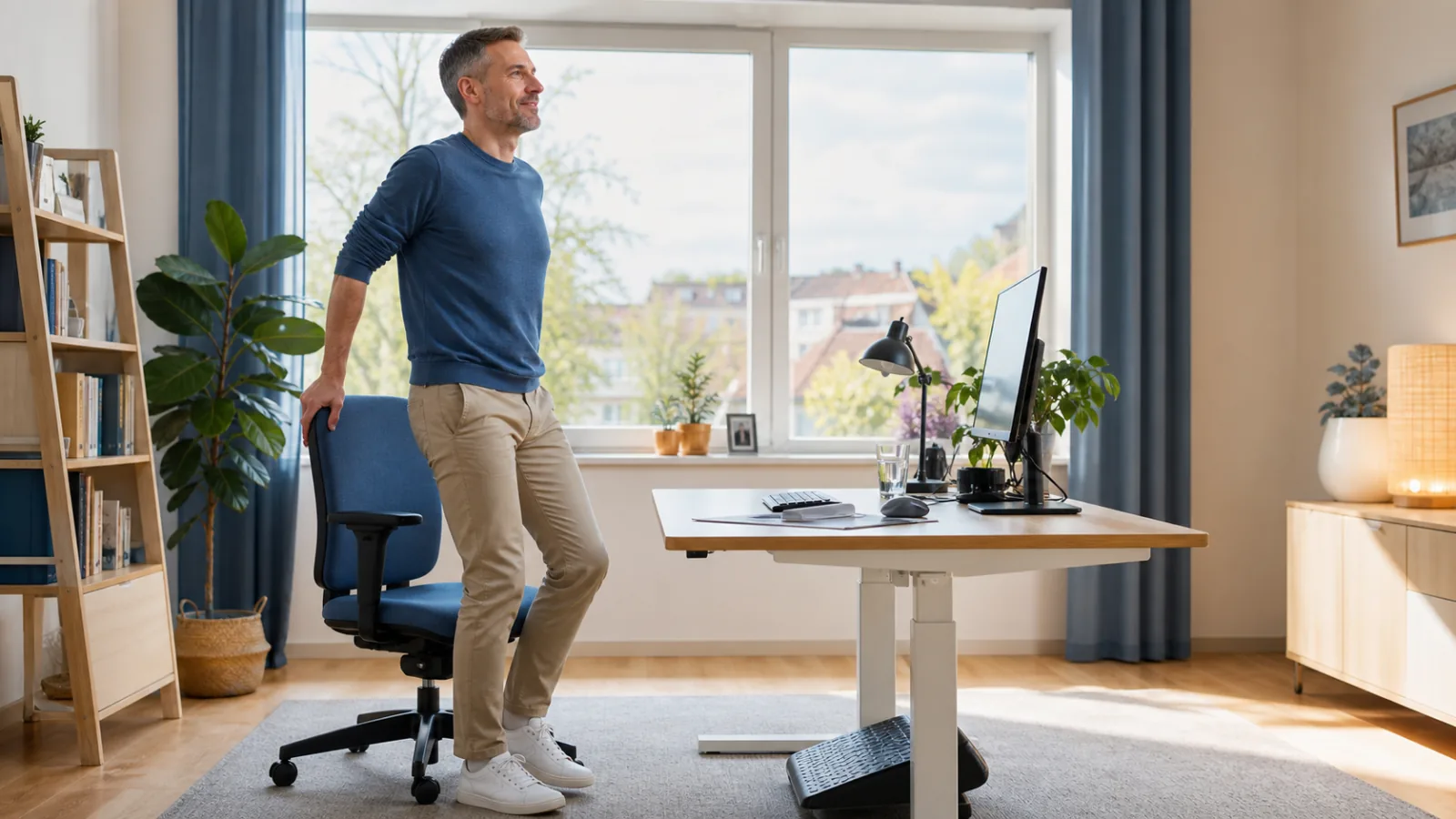 Muž vstává od ergonomicky nastaveného pracovního stolu