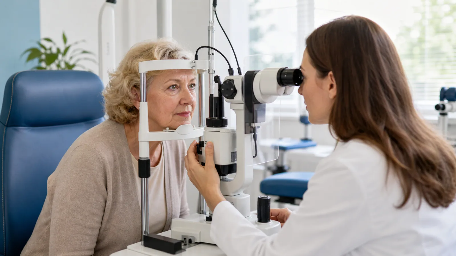 Žena absolvuje preventivní vyšetření u oční lékařky