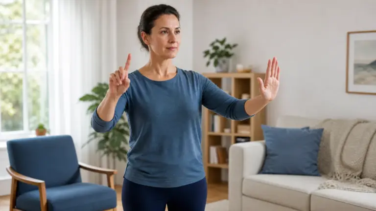 Žena procvičuje koordinaci rozdílnými pohyby obou rukou