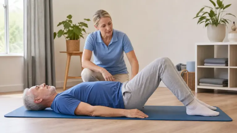 Starší člověk provádí pod dohledem fyzioterapeuta jemný cvik vleže
