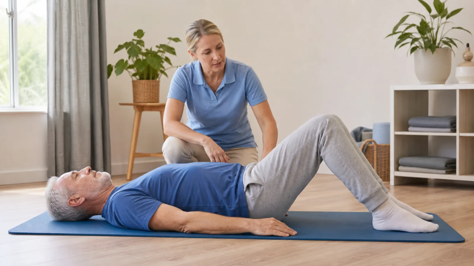 Starší člověk provádí pod dohledem fyzioterapeuta jemný cvik vleže