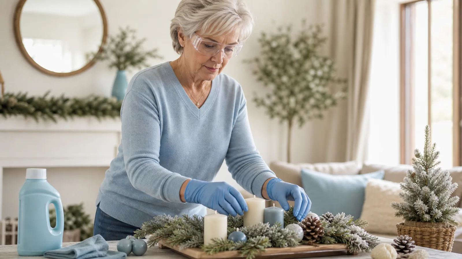 Starší žena používá ochranné brýle při domácím zdobení