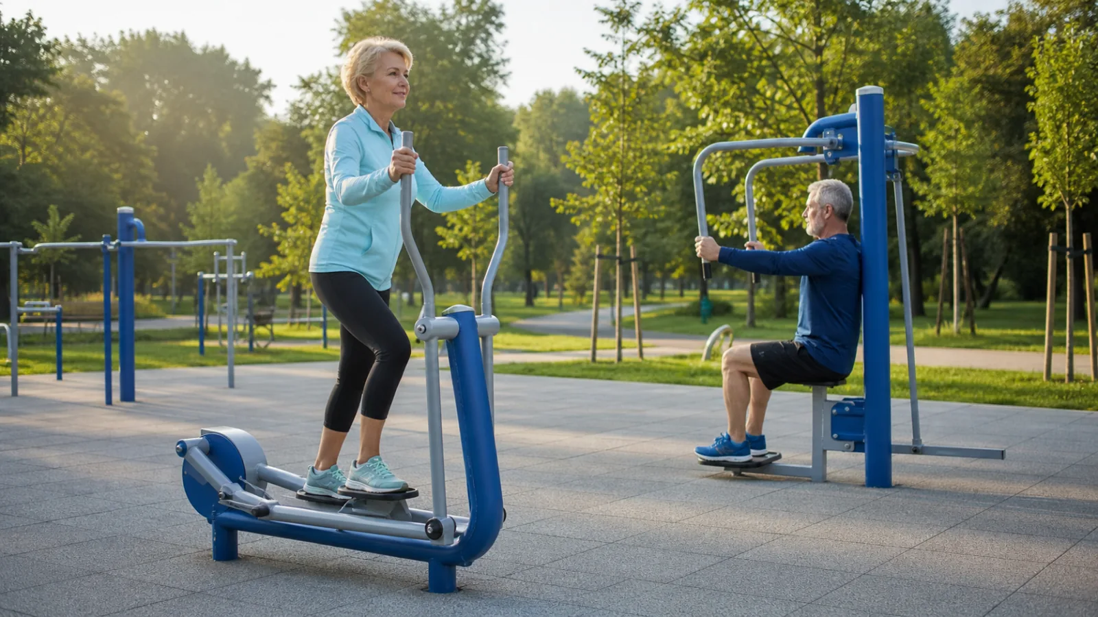 Dva dospělí cvičí bezpečně na venkovních fitness prvcích v parku
