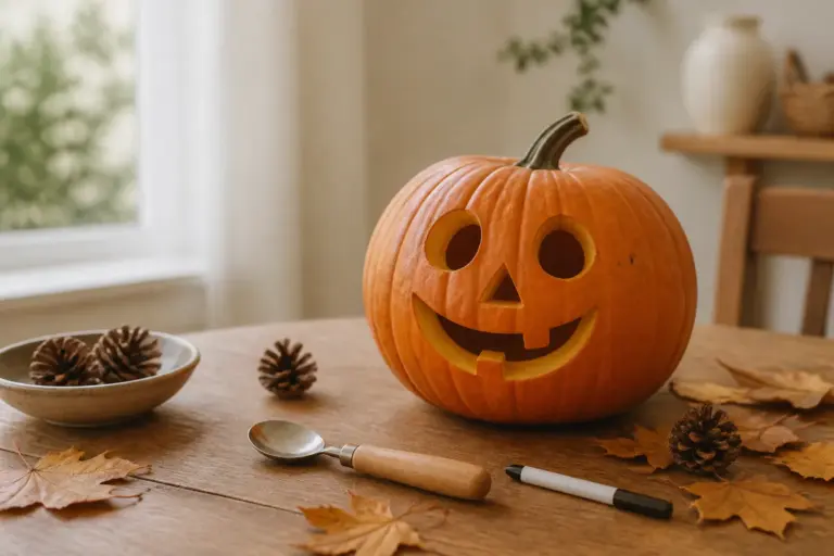 Veselá vyřezaná dýně s lžící a fixem na podzimním stole