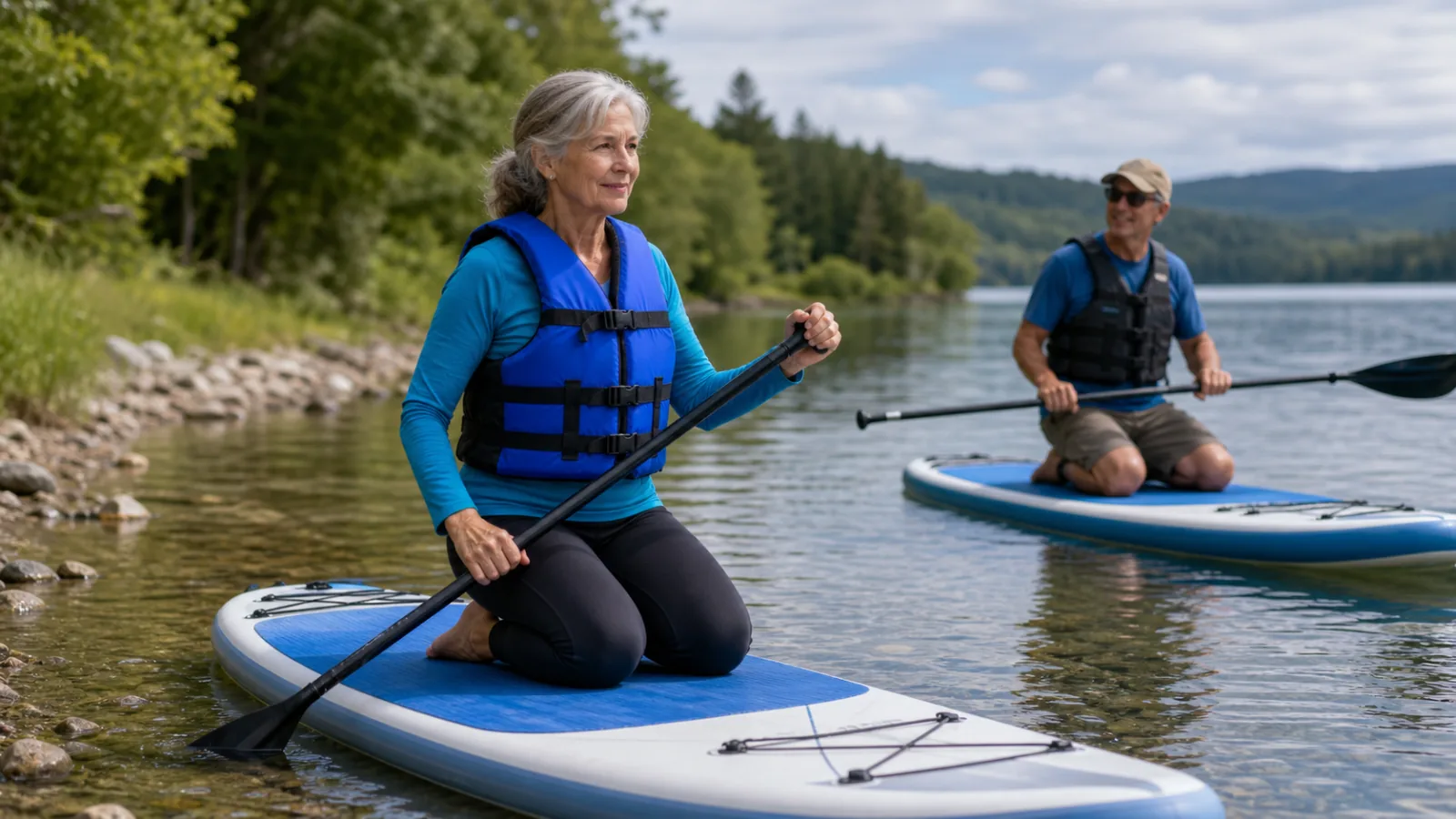 Starší žena a muž trénují paddleboarding v kleku u klidného břehu a mají plovací vesty