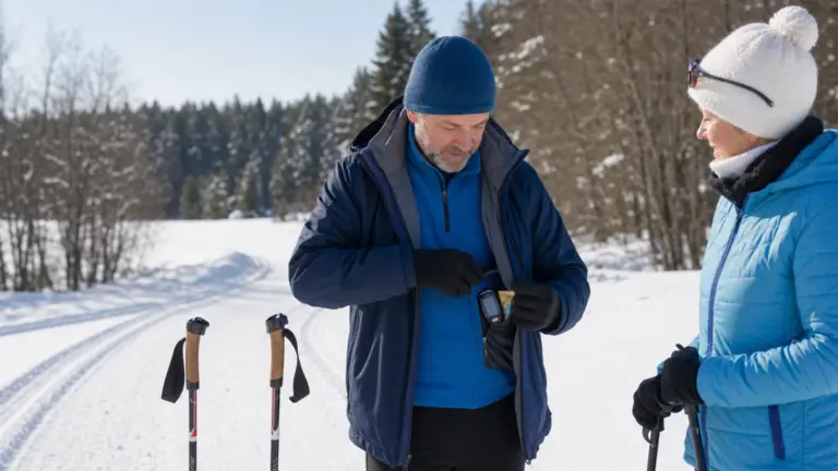 Muž na běžkách kontroluje pomůcky pro diabetes za doprovodu další osoby