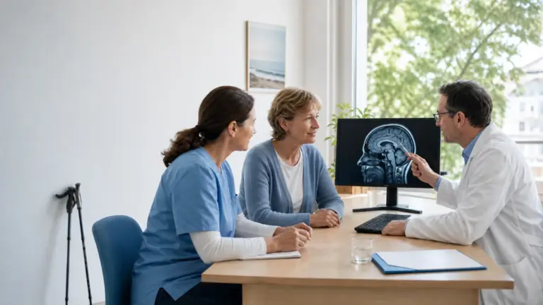 Žena s roztroušenou sklerózou konzultuje léčbu s neurologem