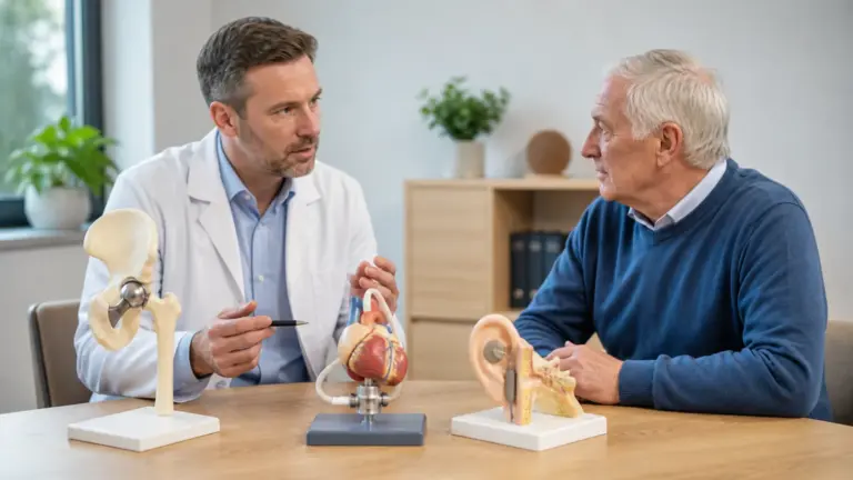 Starší muž při konzultaci s lékařem nad modely zdravotnických implantátů