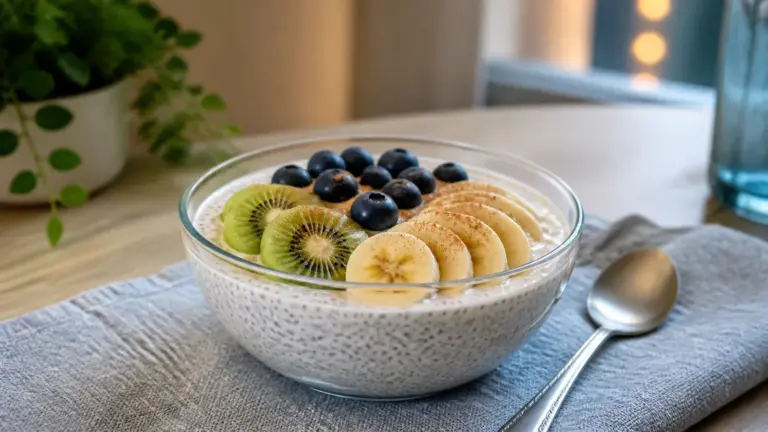 Chia pudding se skyrem, kiwi, borůvkami a banánem na večerním stole