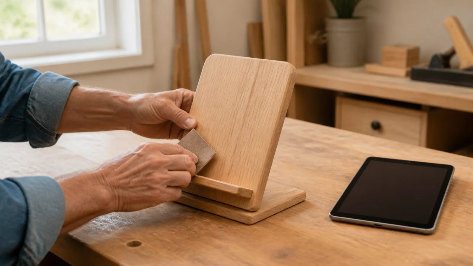 Starší člověk dokončuje jednoduchý dřevěný stojánek na tablet