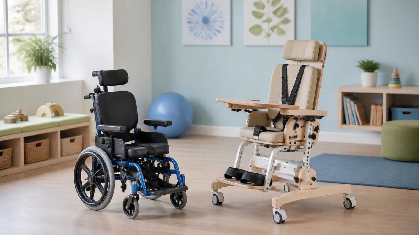 Dětský vozík a několik nastavitelných pomůcek v barevně tlumené terapeutické místnosti bez dítěte