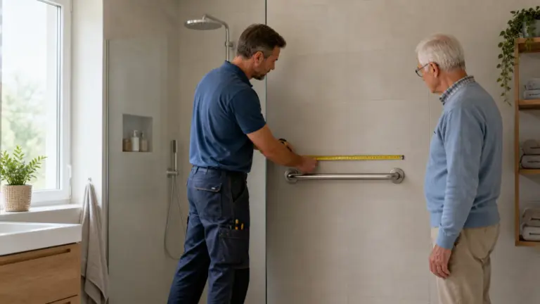Instalatér se starším mužem měří polohu pevného madla ve sprše