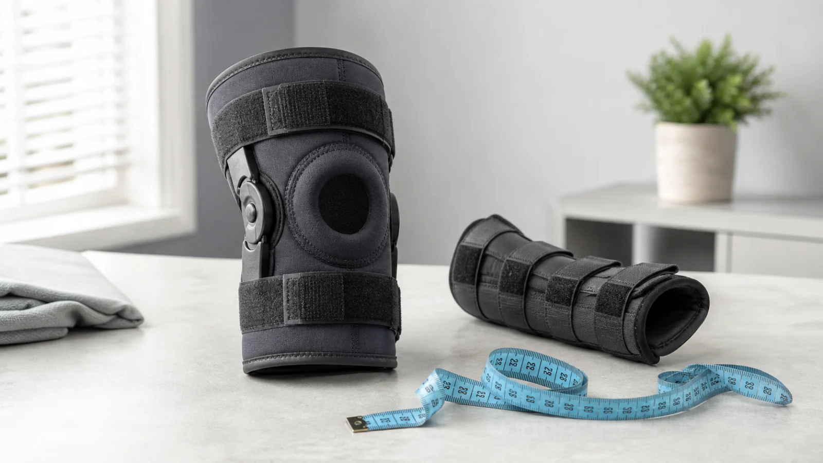 Neutrální ortéza kolene a zápěstí položené vedle měřicí pásky na světlém stole