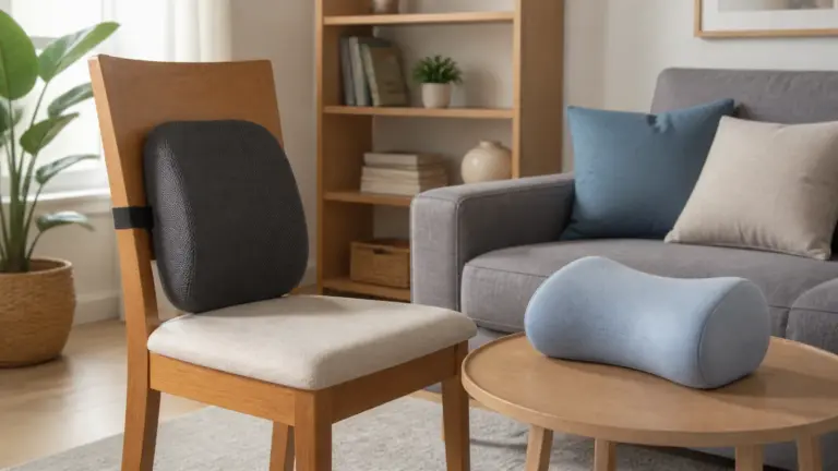 Bederní opěrka a ergonomický polštář připravené na jednoduché židli v domácím prostředí