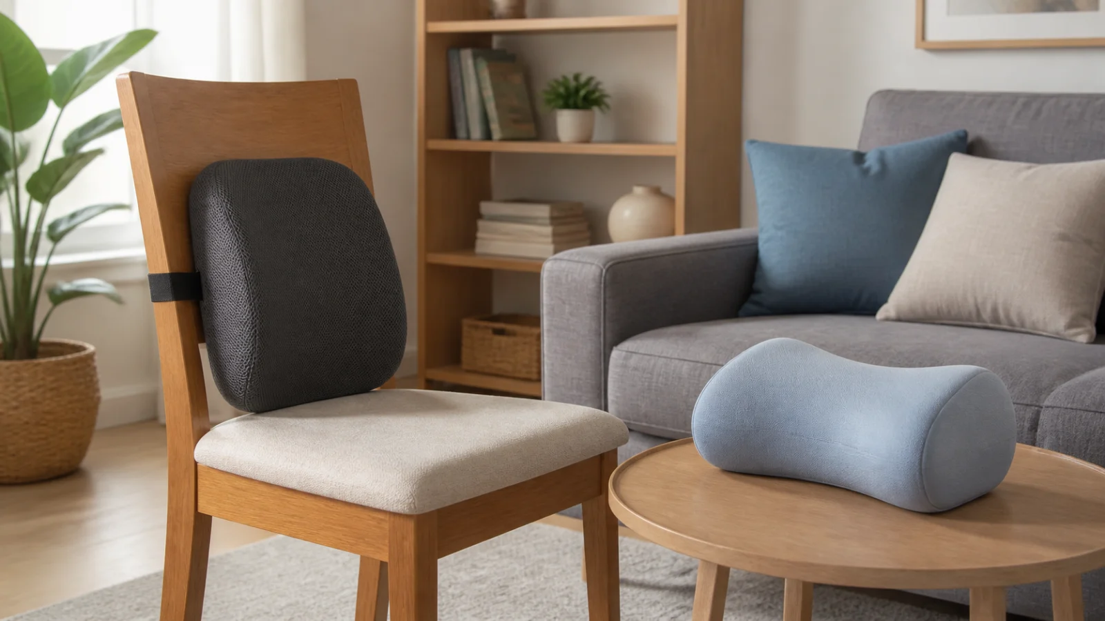 Bederní opěrka a ergonomický polštář připravené na jednoduché židli v domácím prostředí
