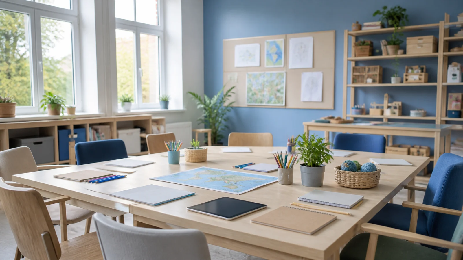 Prázdný společný pracovní stůl ve škole s tabletem, sešity a pomůckami pro mezigenerační dílnu