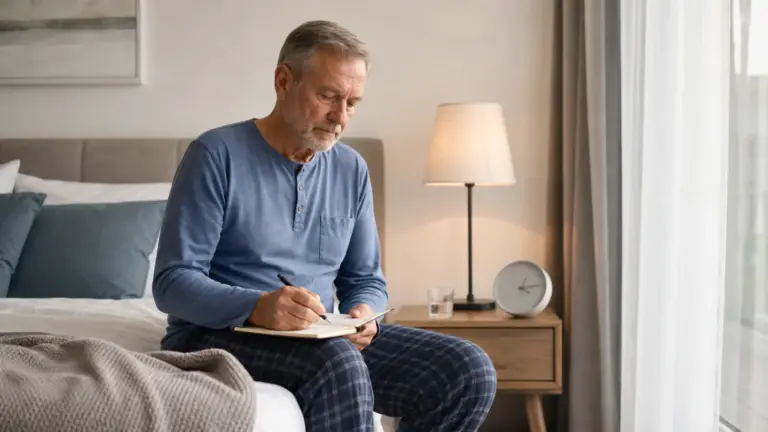 Starší muž si ráno v ložnici zapisuje údaje do spánkového deníku