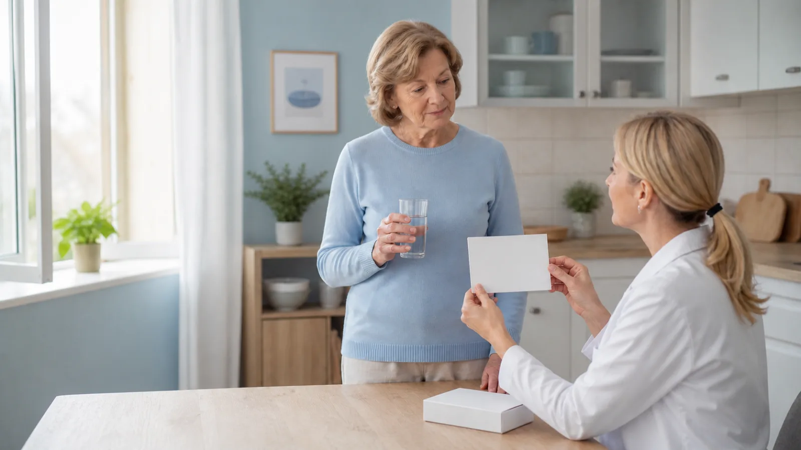 Žena si při konzultaci připravuje sklenici vody k léku na osteoporózu