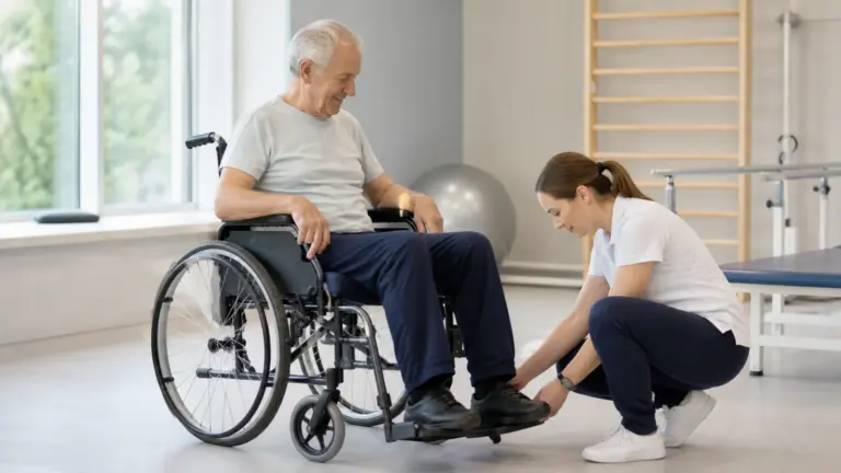 Ergoterapeutka kontroluje nastavení mechanického vozíku staršího muže