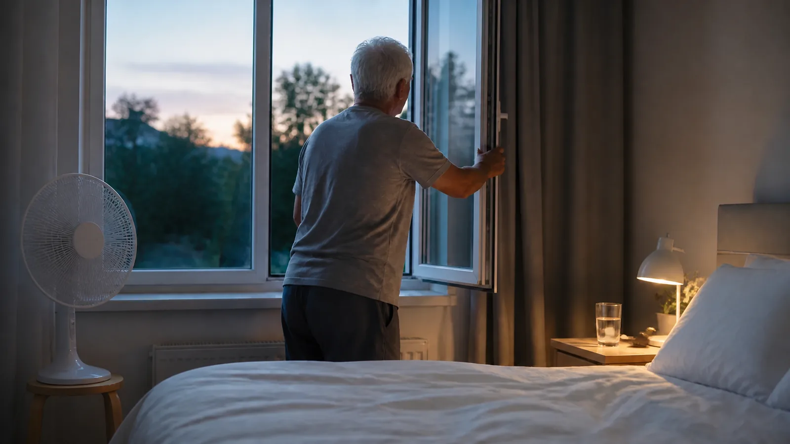 Starší muž večer otevírá okno v ložnici s lehkým povlečením a ventilátorem