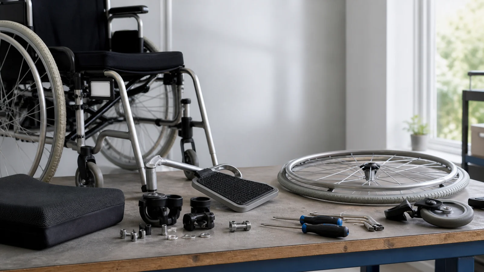 Detail mechanického vozíku se štítkem modelu, nářadím a několika neoznačenými díly