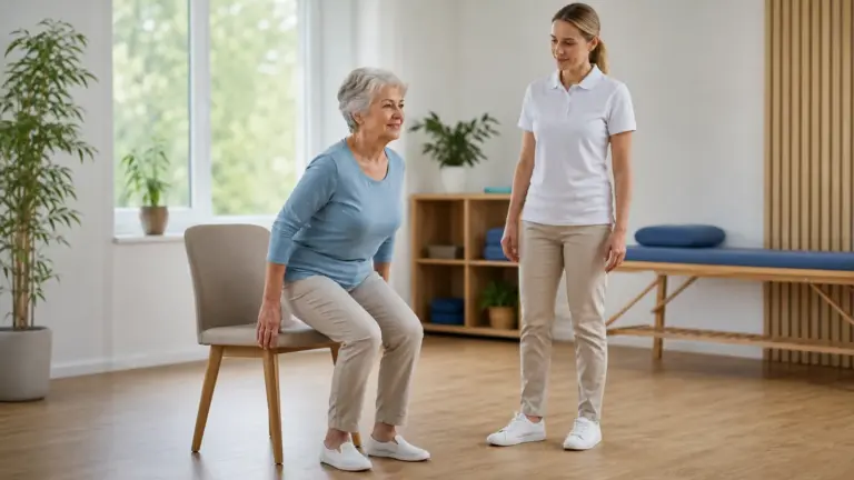 Starší žena nacvičuje vstávání ze stabilní židle pod dohledem fyzioterapeutky