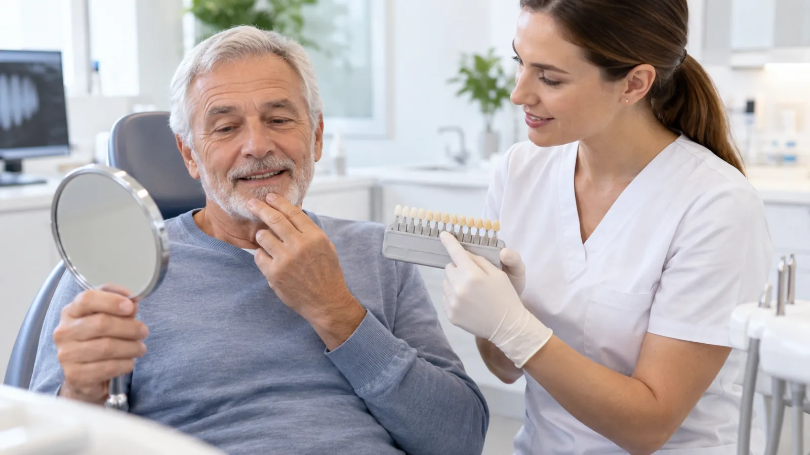 Starší muž se zrcátkem při konzultaci se zubní hygienistkou o odstínu zubů