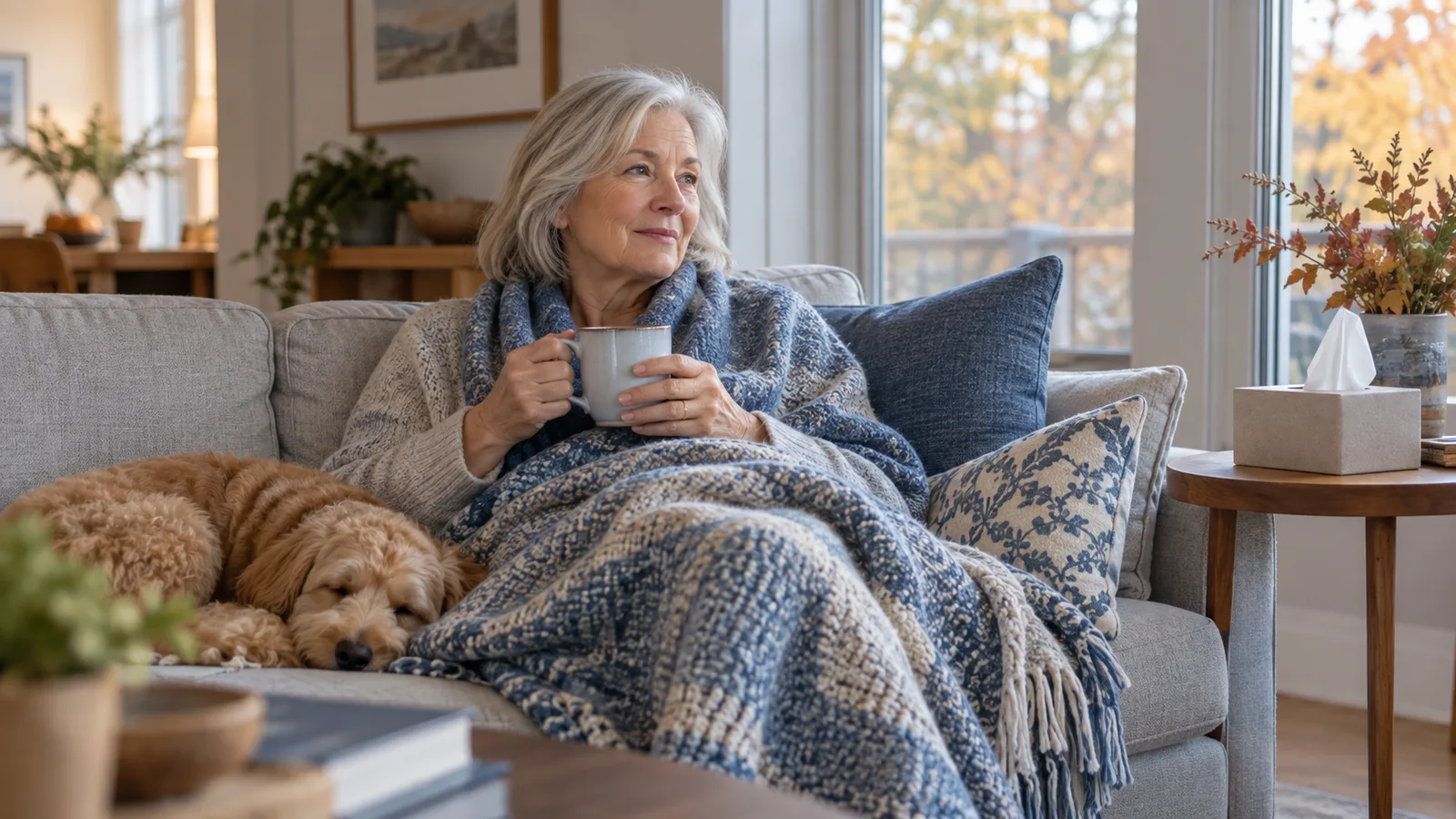 Žena odpočívá doma s hrnkem při podzimním nachlazení